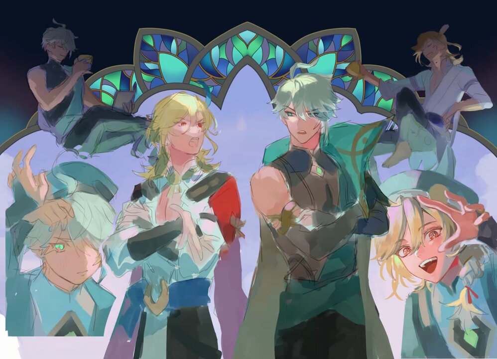the image is a colorful, fantasy animestyle illustration of five young men, each with unique hairstyles and clothing, standing against a backdrop of a stained glass window. the illustration captures their personalities through their distinct expressions and poses.  the image is filled with vibrant colors, which create a sense of energy and excitement. the setting appears to be a magical or mystical realm, as suggested by the stained glass window and the characters' overall appearance. the artwork is likely intended for use in a comic, manga, or video game.