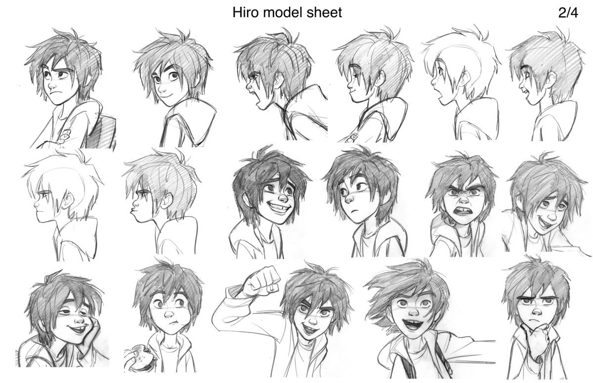 this image is a model sheet for the character hiro hamada from the disney film big hero 6. the sheet shows numerous pencil sketches of hiro's head and shoulders from various angles and displaying a wide range of facial expressions, including happy, angry, neutral, surprised, and thoughtful expressions.  the sketches demonstrate the character's design in different viewpoints, providing a reference for animators to consistently portray the character throughout the film. the sheet is labeled "hiro model sheet" and "2/4," indicating it is part of a larger set of model sheets.