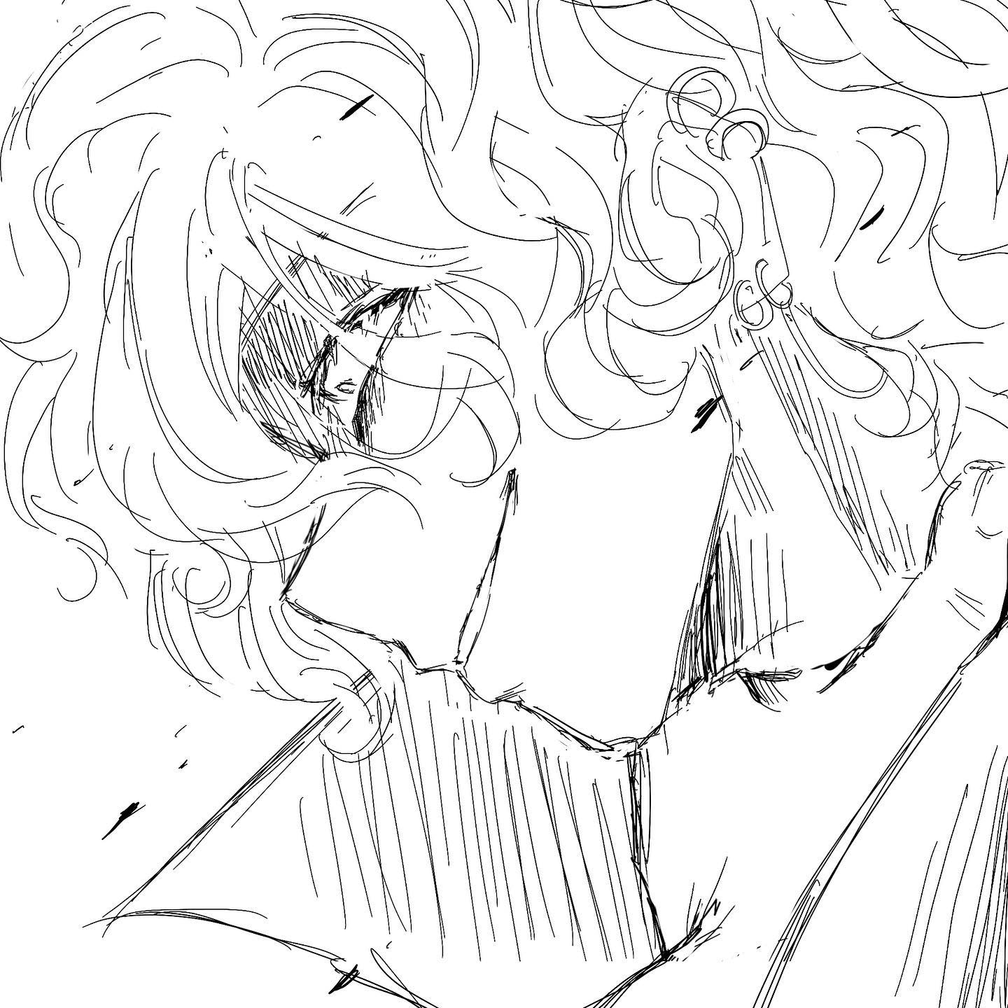 the image is a black and white sketch of a young man with long curly hair and an earring looking down with his eyes almost closed. he appears to be sad or in deep thought.  the style of the image suggests an anime or manga influence.