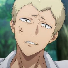 a closeup portrait of a young, blonde anime man. he has a skeptical or confused expression on his face, with raised eyebrows and a slight frown. he's wearing a white collared shirt and the background suggests a natural, outdoor setting. the lighting is soft and diffused, creating a gentle atmosphere.
