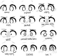 t is a hand drawn guide for drawing various anime style eyes with labeled emotions.