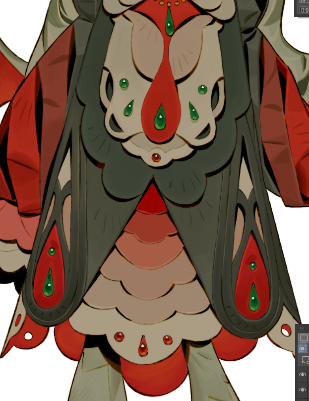 the image is a closeup digital illustration of an intricately designed garment. the garment features a layered, scalelike skirt in shades of red, beige and cream.  ornate, darkcolored detailing frames the skirt, accented with green and red gemstones. the top portion suggests a bodice or upper garment with similar embellishments. the style is highly stylized, blending fantasy elements with folk art influences. the image showcases the artist’s attention to detail in creating texture and depth in the clothing. the overall feeling is one of fantasy and magic, suggesting a character from a storybook or game.