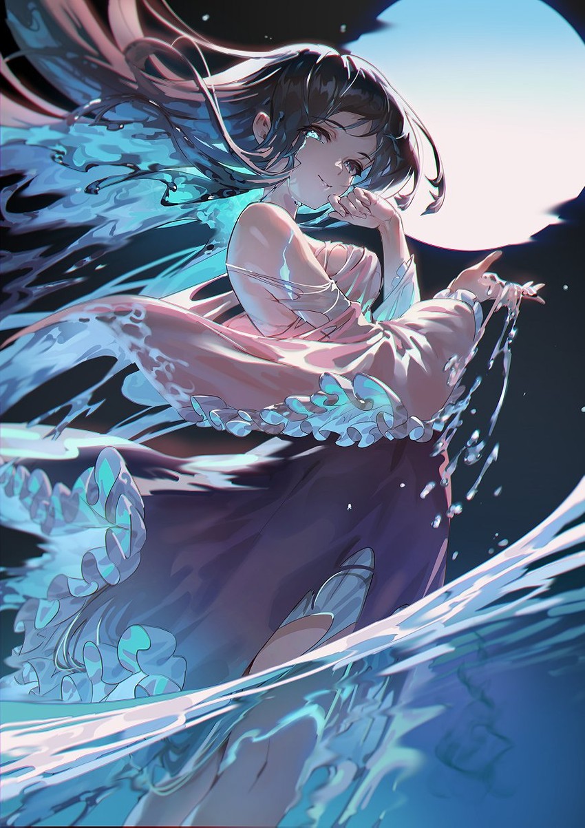 the image is a digital painting or illustration featuring an animestyle young woman with long, dark hair. she's wearing a flowing, light pink and purple dress with ruffled details.  she appears to be partially submerged in water, with waves splashing around her.  her expression is melancholic, and she seems to be crying. the background features a large, bright moon in a dark night sky. the overall aesthetic is ethereal and fantasylike, with a focus on the interplay of light, water, and the character's emotional state. the style is highly detailed and painterly, with a focus on soft light and color blends.