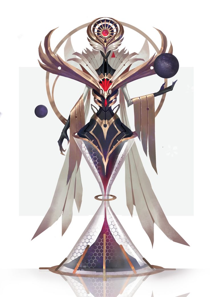 a futuristic illustration of a humanoid figure with angel wings, a large gold hourglass, and a white, gold, black, and red color scheme. the figure is holding a small planet in one hand and a larger planet in the other hand. the figure appears to be a cyborg, with metallic accents and a glowing red eye.