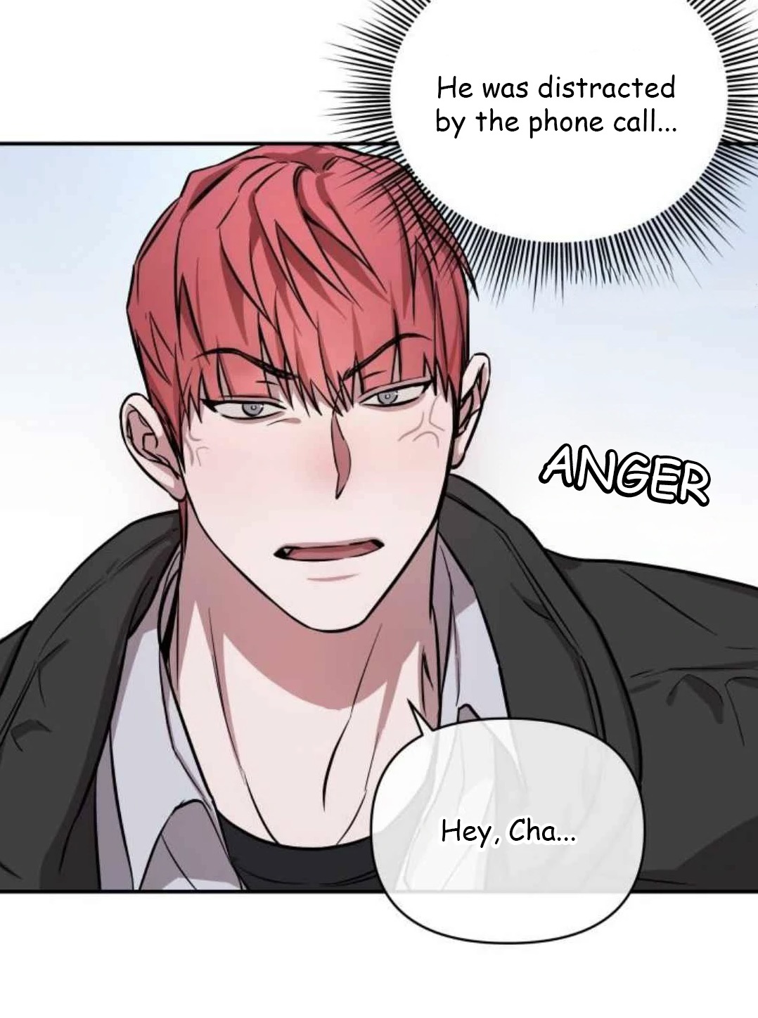 closeup shot of a mangastyle character with red hair, a stern expression, and angry markings on his face.  speech bubbles indicate he was distracted by a phone call and is now angry. the overall style suggests a scene from a manhwa or webtoon.