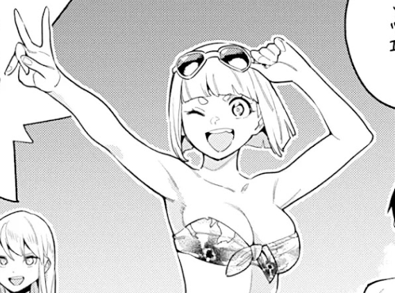 a black and white drawing of a young anime girl with sunglasses wearing a bikini and smiling as she waves her hand.