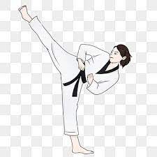 a woman in a white karate uniform is performing a high kick. she is wearing a black belt and has her hair tied back. the background is transparent.