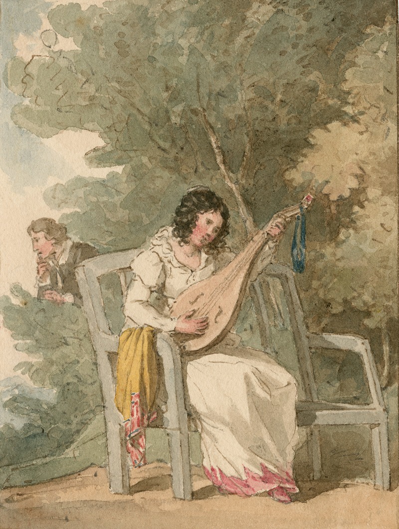 a watercolor painting depicts a woman seated on a wooden bench, playing a lute. she wears a white dress with a pink hem and a yellow skirt draped over the bench. a man peers from behind a bush in the background, and trees surround the scene.