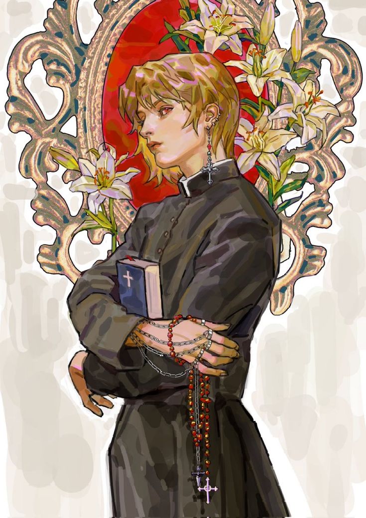 this is a digital illustration of a young man dressed as a priest. he is standing with a book in his hands and a rosary wrapped around his wrists. he is looking to the side, with his hair covering his eyes. he is framed by lilies and an ornate gold frame. the background is a simple white.