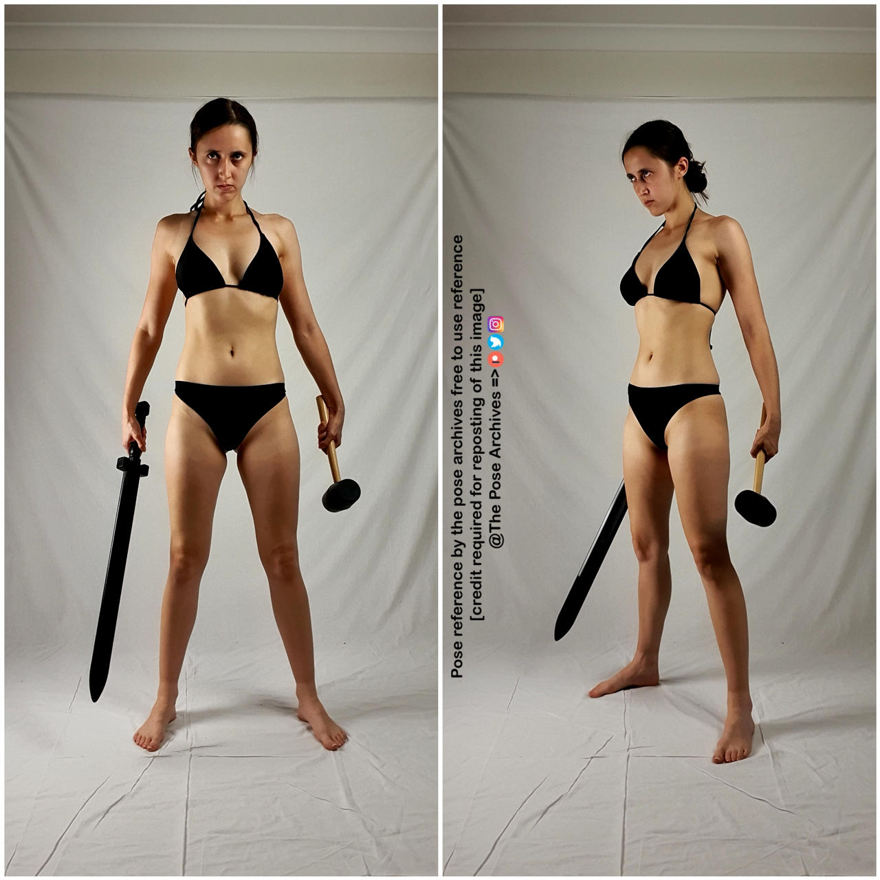 the image shows a woman in a black bikini standing with a sword in her right hand and a mace in her left hand. she is posing against a white background in a studio setting. the lighting is even and artificial. she has a strong and confident expression on her face. the image appears to be a pose reference for artists.