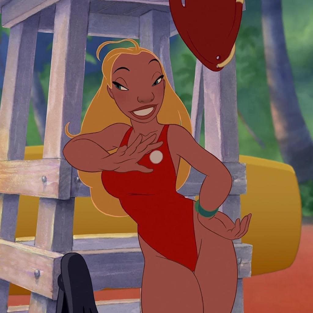 a cartoon lifeguard, a young woman with a red swimsuit and a smile, stands near a lifeguard tower on a beach. the woman is holding one hand up and looking to her right.