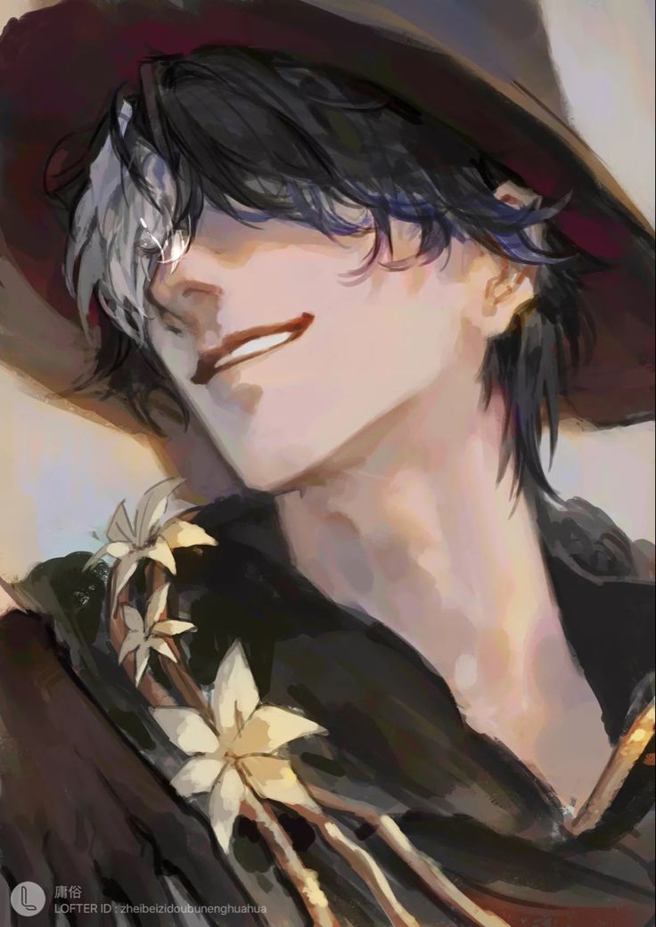 the image is a digital painting or illustration in an anime/manga style, depicting a closeup portrait of a young, handsome male character.  he has dark hair with a distinctive white streak on one side, and is wearing a widebrimmed dark hat. his expression is a soft smirk. he is adorned with delicate, lightcolored flowers that appear to be part of his clothing or accessories.  the art style is soft and painterly, with blended colors and subtle lighting creating a dreamy atmosphere.  the character’s clothing is dark and stylish, suggesting a mysterious or fantastical setting. the overall mood is elegant and slightly mysterious.