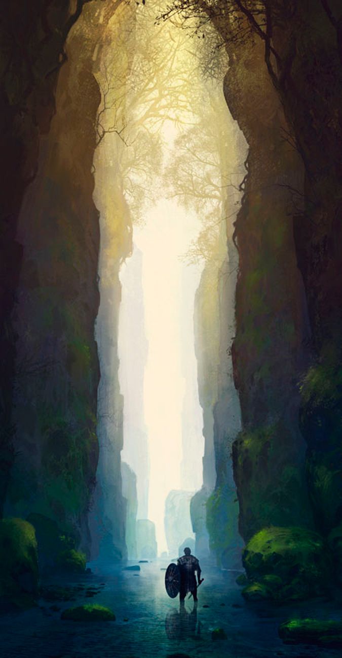 a warrior stands in a shallow stream within a narrow, mossy canyon. the canyon walls are high and steep, topped with trees. a bright light shines from the end of the canyon path. the warrior is equipped with a shield and sword.