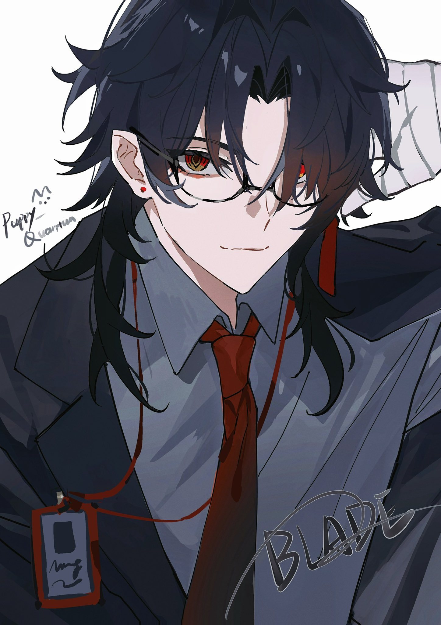 this is a digital drawing of an anime boy with black hair and red eyes wearing glasses, a black suit jacket, and a red tie. he has a serious expression.