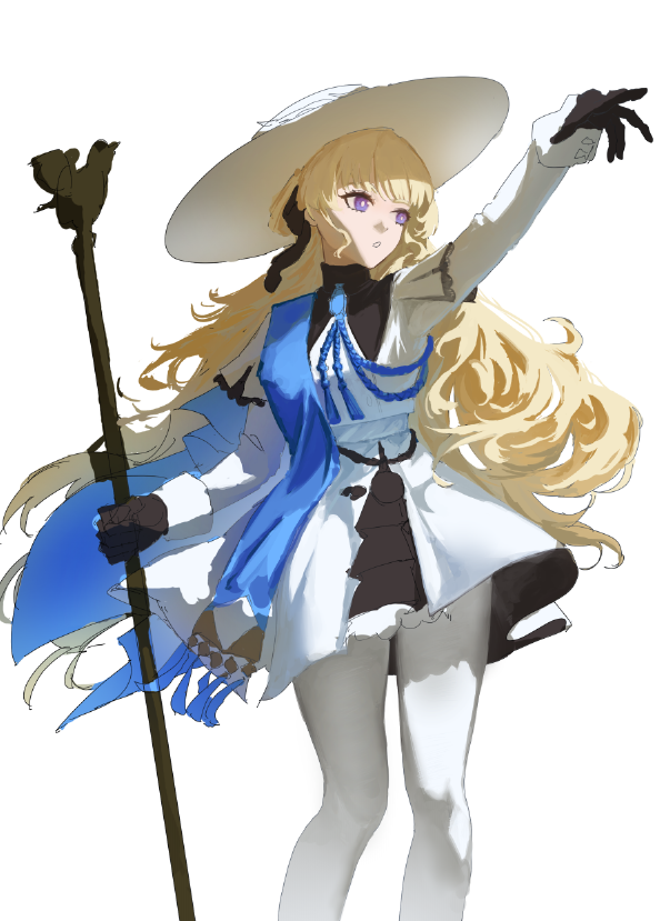 the image is a digital painting or illustration of an animestyle girl. she has long blonde hair, a widebrimmed white hat, and is wearing a white dress with a blue scarf. she is holding a staff with birds on top and is pointing or reaching out with one hand. the style is light and bright, with a focus on elegance and grace. the background is plain white, making the character the focus of the image. the art style is detailed and the character is wellrendered, with attention to light and shadow.