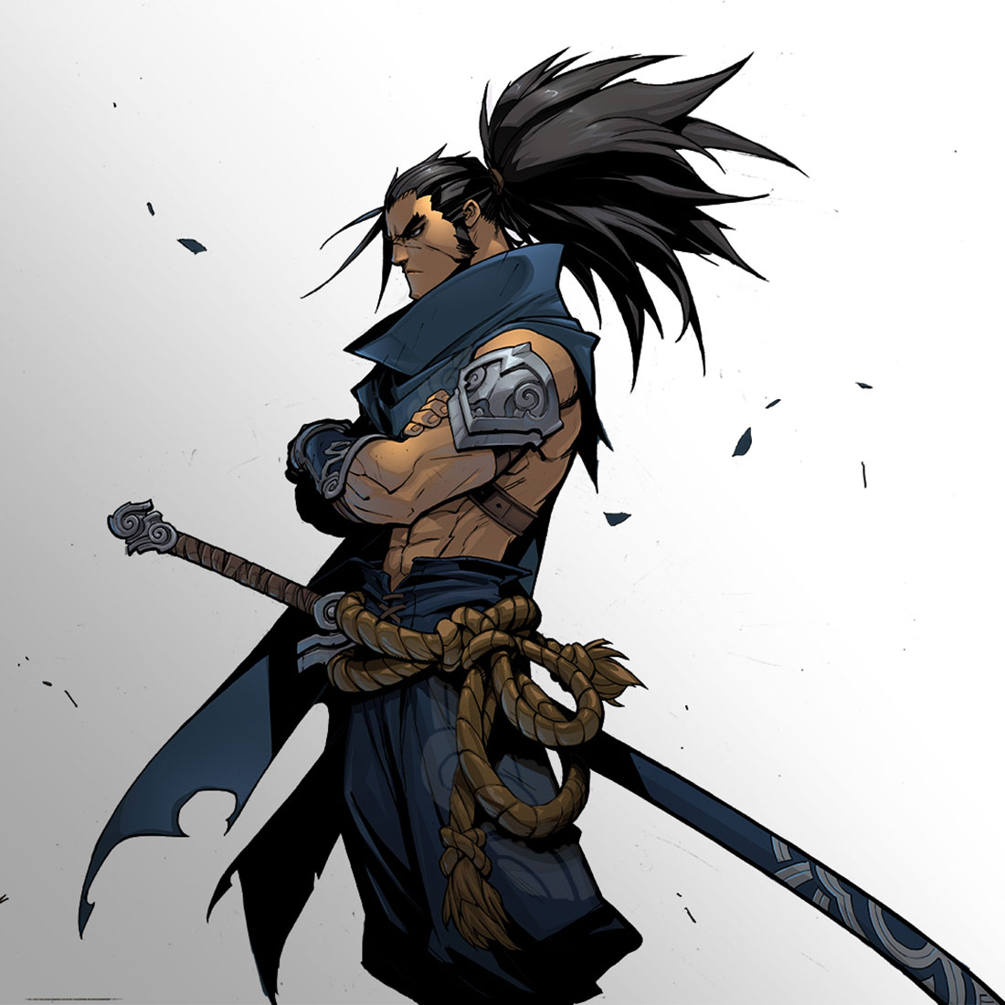 the image depicts a male anime/manga character in a warrior pose. he is a samurai with a katana sword strapped to his waist. he is dressed in blue clothing and has long, black hair that is tied in a ponytail. he is looking to the right of the image. his muscles are clearly defined, he has a beard and is holding his arms crossed. he is in a warrior stance. the image is set against a white background and is in an anime/manga style.