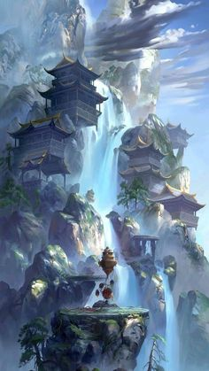 a digital painting depicts a fantastical landscape dominated by towering mountains with cascading waterfalls. several traditional chinesestyle pagodas are nestled on the slopes and peaks, some appearing to defy gravity. lush green vegetation, including trees and shrubs, clings to the rocky terrain. at the base of the image, a small, verdant island, possibly floating, supports a peculiar structure and shrubbery. above, the sky is a soft blend of blues and whites, suggesting a serene atmosphere. the scene exudes a sense of magical realism and ethereal beauty.