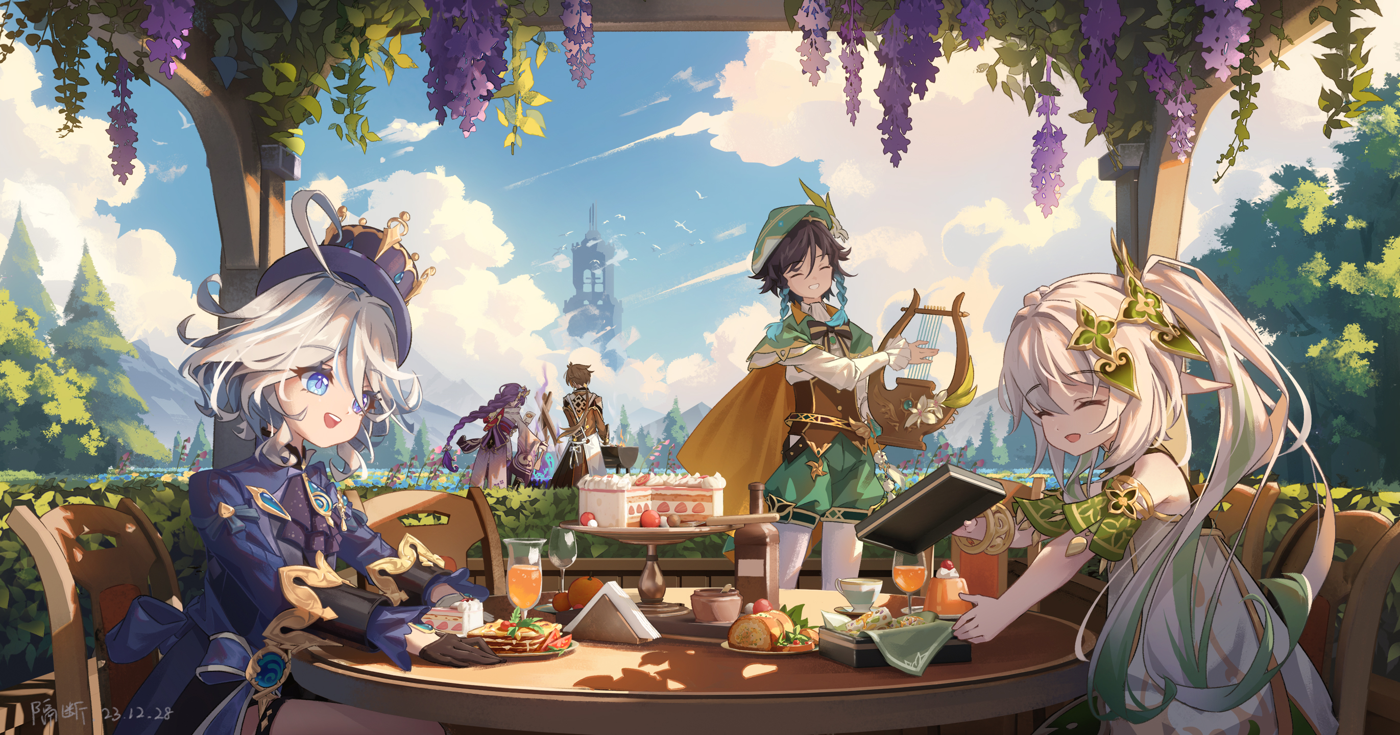 a vibrant digital fanart depicting four genshin impact characters enjoying a tea party in a picturesque garden setting.  the scene is filled with lush greenery, wisteria vines draping overhead, and a sunny sky. the characters are beautifully rendered, each with distinctive attire and expressions. they're seated around a table laden with cakes, pastries, and drinks, enjoying a relaxed and happy moment. one character plays a harp, adding to the peaceful atmosphere.  in the background, a distant tower and other figures suggest a larger world beyond this idyllic scene. the overall style is reminiscent of anime and manga, with a focus on bright colors and charming character designs.
