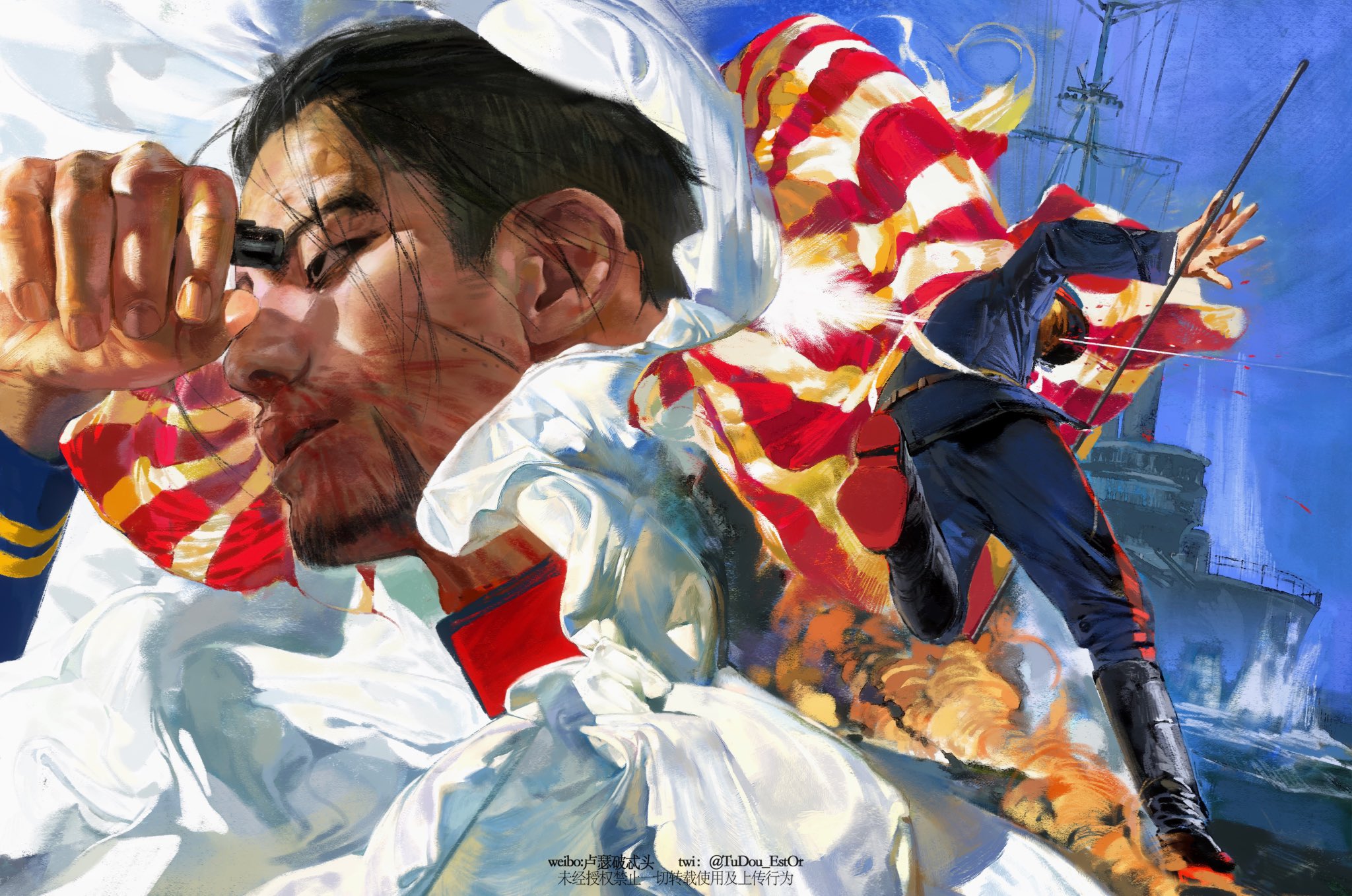 he artwork depicts a powerful and emotional scene possibly set during a naval battle. a dying japanese soldier in a white uniform is shown in the foreground, clutching his face, blood staining his skin and clothes.  he's partially obscured by a tattered, vibrant red and white flag (possibly a rising sun flag), which appears to be torn, and also the tattered white parts of his uniform. in the background, a figure, possibly an american sailor, runs across the deck of a warship, away from the main subject, holding what seems like a flag or pole. his uniform is dark blue, and he's wearing boots. the scene is dynamic and violent, showing the chaos and devastation of war. the style is realistic with highly expressive brushstrokes and a strong use of color. the overall impression is one of intense emotion and the brutal reality of conflict.