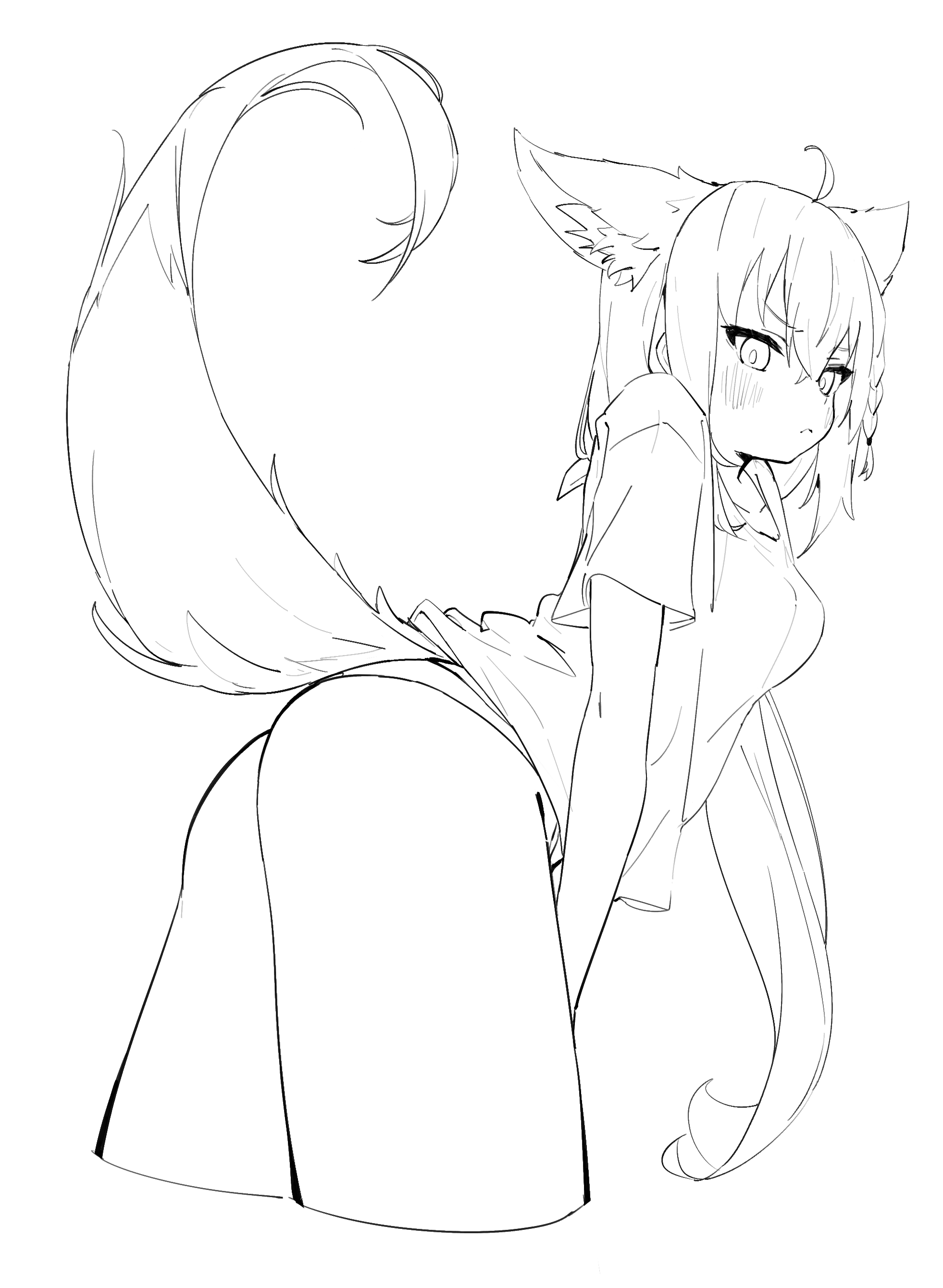 a line drawing of an anime girl with fox ears and a large tail. she is wearing a tshirt and shorts, and is posed in a suggestive manner. the drawing is done in a sketchy style, with loose lines and shading. the background is white.