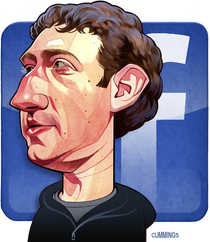 this image is a caricature of mark zuckerberg, the founder and ceo of facebook. the drawing is set against a blue background featuring the facebook logo. zuckerberg is depicted wearing a black hoodie, and the artist's signature, cummings, is visible in the bottom right corner. the style is illustrative and cartoonish, exaggerating his features.