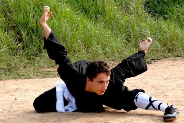 a man in a black kung fu uniform with a white stripe down the side of his leg is in a fighting pose on the ground, his right leg is extended and his left leg is bent at the knee. his arms are extended, his right hand is open and his left hand is in a fist. he is looking directly at the camera. the background is green grass and dirt.