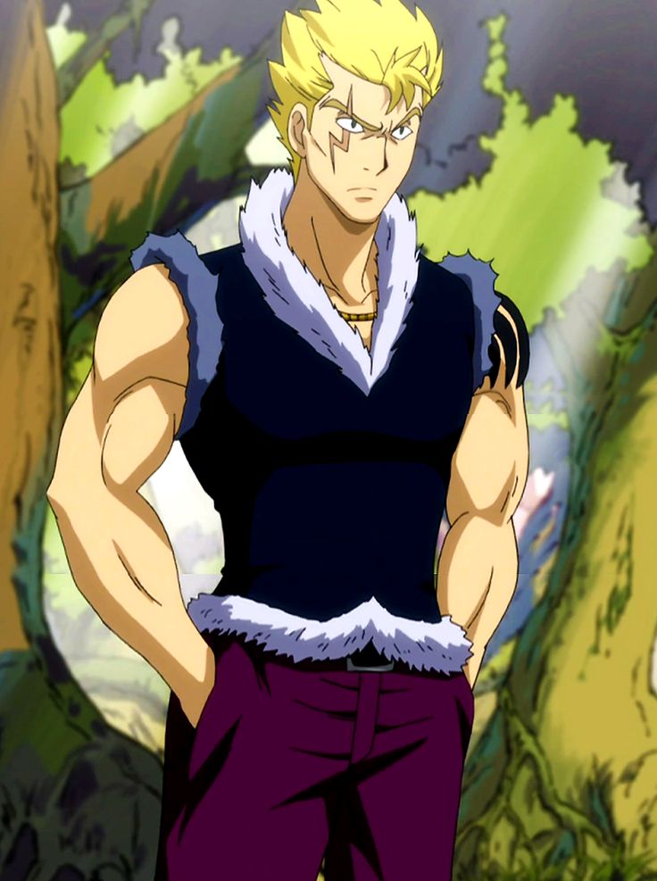the image features a muscular anime male character with blond hair and blue eyes. he's wearing a black shirt with a furry collar and purple pants. he's looking angry and is standing in a forest setting.
