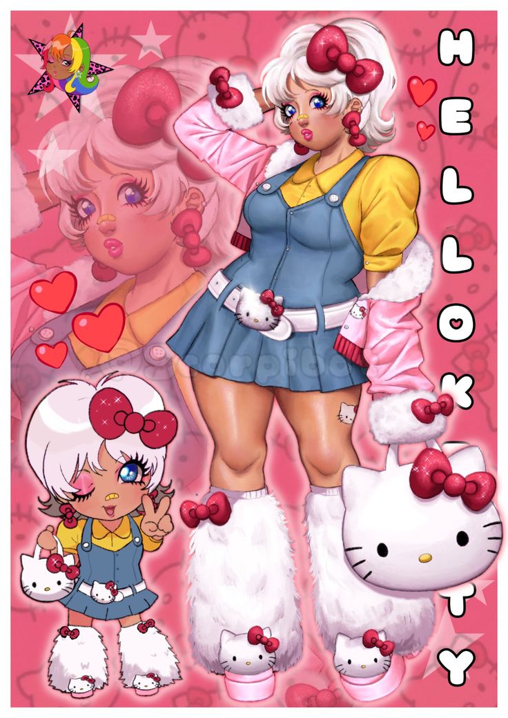 this is a colorful cartoon image that features multiple hello kitty characters. the largest character, a woman, is wearing a blue denim jumpsuit, white furry boots, a pink jacket and a yellow shirt underneath. she has white hair, a pink bow, and a cute smile on her face. the character to her left is a smaller version of her with a similar look. this character is carrying a hello kitty purse and has the same hairstyle as the larger character. to the right of the larger character is a larger hello kitty doll. the background of the image is a pink, white, and red background with hearts. the characters have a very anime style, with big eyes and exaggerated features.