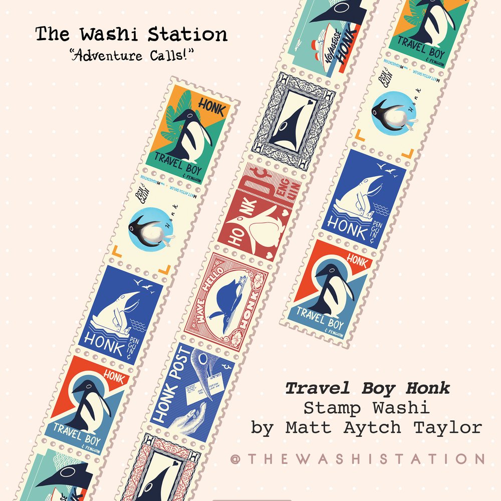 the image showcases a collection of washi tapes designed by matt aytch taylor for the washi station. the tapes feature a recurring theme of vintagestyle postage stamps with illustrations of penguins, sea creatures, and travelrelated imagery. the overall aesthetic is retro and nautical, with a color palette reminiscent of classic travel posters. the title "travel boy honk stamp washi" is prominently displayed, along with the artist's name and the brand's logo. the background is a soft pastel pink, creating a clean and visually appealing presentation.
