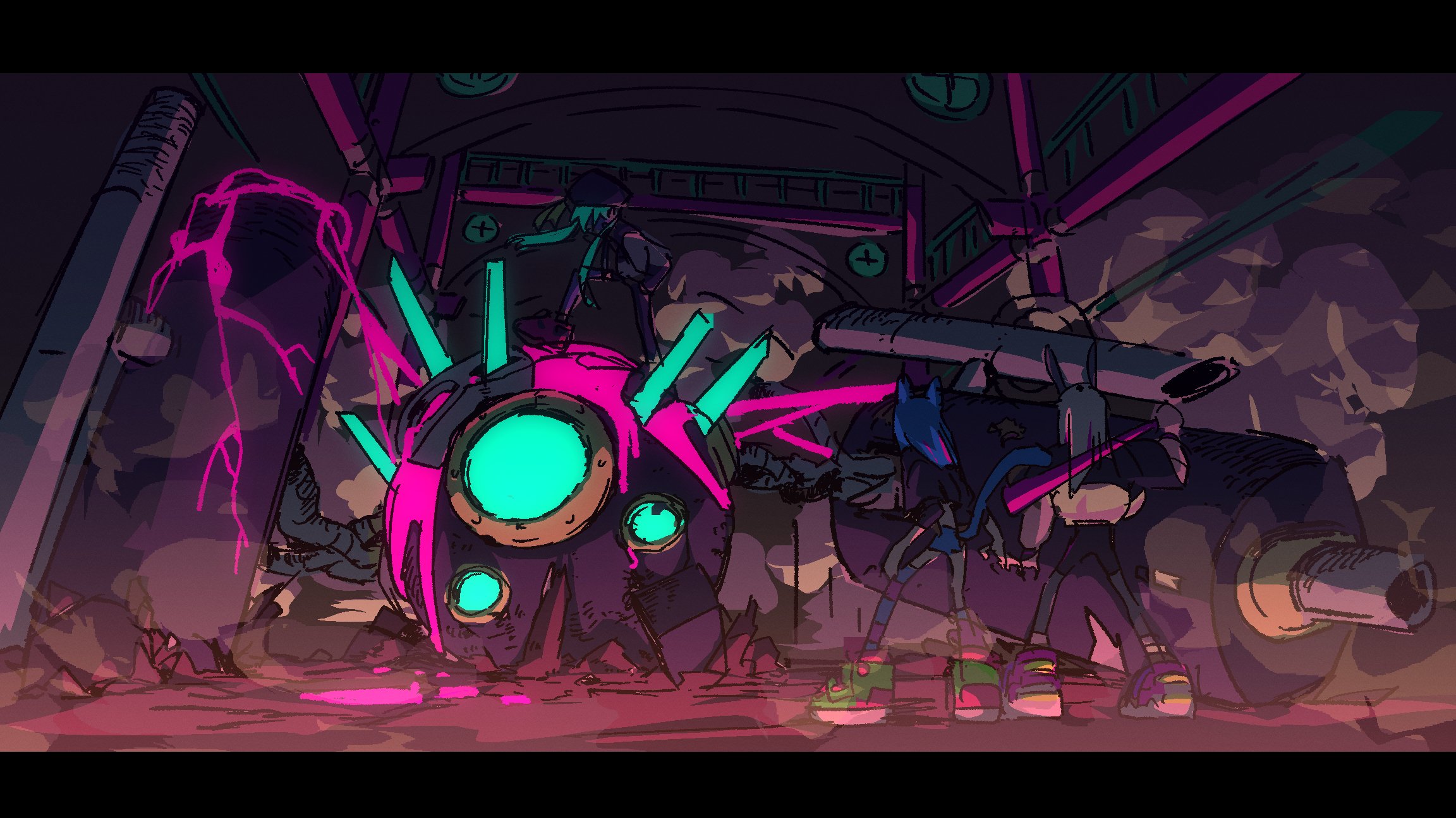 in the cavernous depths of what appears to be an underground tunnel or industrial complex, a fierce battle unfolds.  three stylized characters, their designs suggesting a blend of human and animalistic features, are locked in combat with a large, spiky, mechanical enemy. this central figure, painted in shades of dark purple and teal, lies in a state of disarray, suggesting a recent struggle. its spherical eyes glow ominously, while streaks of luminous pink fluid, perhaps energy or coolant, drip from its wounds. one character, perched atop the fallen machine, brandishes a weapon that crackles with energy. the remaining two figures stand defiantly before their adversary, their poses radiating a sense of action and determination. the scene is bathed in a vibrant, contrasting palette of neon pinks, greens, and purples, creating an atmosphere that is both energetic and vaguely sinister. the use of volumetric lighting further amplifies the depth and drama of the scene, drawing the viewer's eye into the heart of the action. this evocative artwork, with its dynamic composition and striking color scheme, hints at a larger narrative, leaving the viewer to ponder the events that transpired before this fateful encounter and the fate of those involved.
