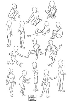 this image shows a collection of 15 stick figures in various poses. the stick figures are drawn in a simple, basic style, with each pose showing a different way the human body can move and be positioned. these figures are likely used as practice for artists who are learning to draw human figures, and may also be used as references for creating original drawings. the stick figures are all drawn with black lines on a white background, and the image is clean and uncluttered.  there is a handwritten text at the bottom of the image, which reads, "bad sketch book".