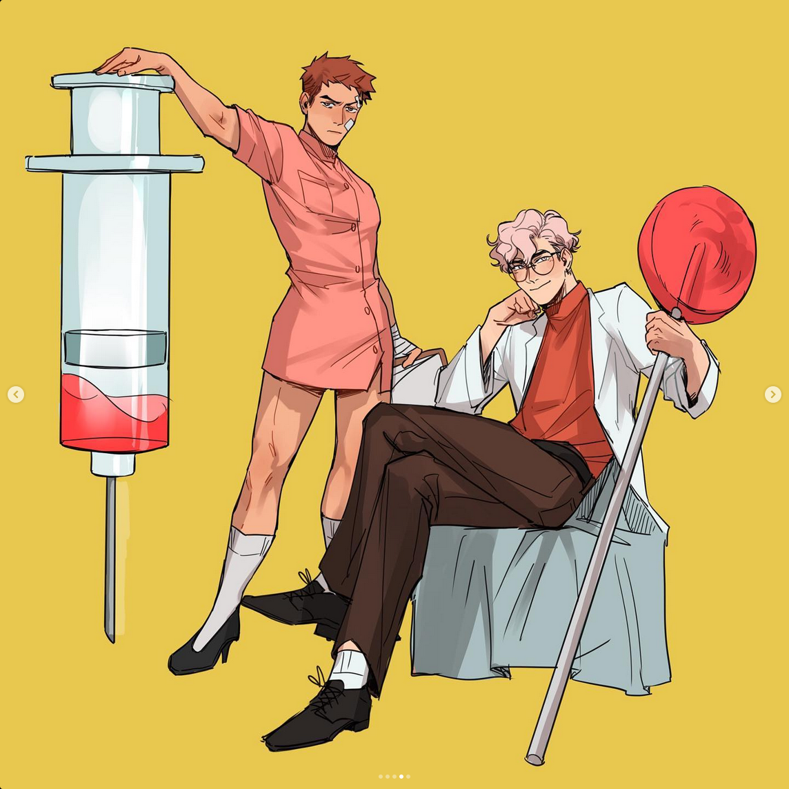 the illustration features two stylish men against a solid yellow background. on the left, a man with short brown hair and an eyepatch confidently leans on an oversized syringe filled with red liquid. he wears a pink, shortsleeved tunic, white stockings, and black heels. on the right, a man with pink hair and glasses sits with his hand on his chin, holding a large red lollipop like a cane. he wears a red turtleneck, white coat, black pants, white socks, and black shoes.  the art style is modern and expressive.