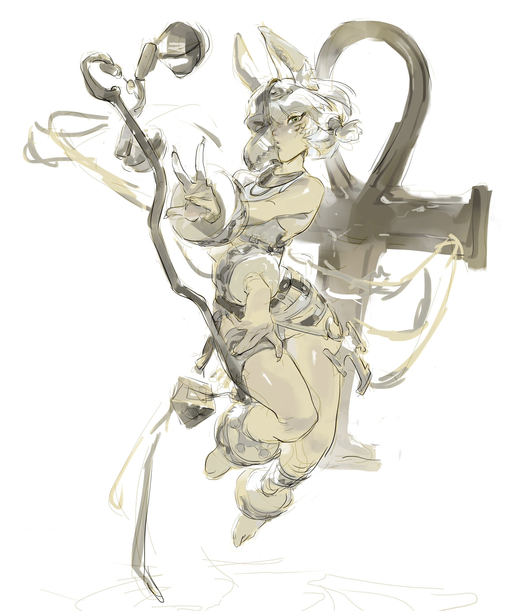 a sketch of a girl in an anime style with bunny ears. she is floating and holding a staff in her hand, and behind her is the ankh symbol. the artwork is done in a sketchy style.