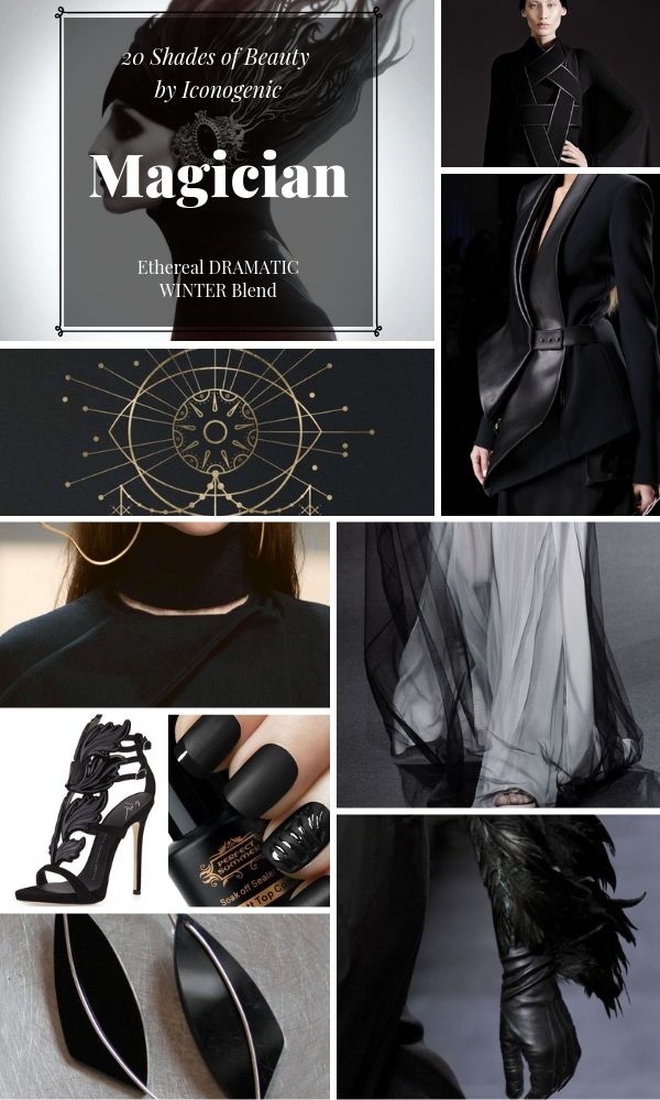 the image is a mood board showcasing a dark and dramatic aesthetic, with keywords like "magician", "ethereal", "dramatic", and "winter blend". it features various elements of fashion, including clothing (dresses, blazers), accessories (shoes, gloves, jewelry), and beauty (nails). the overall style leans towards gothic and dark themes, with a touch of astrology symbolism. the color palette is primarily black, contributing to the dramatic and mysterious mood.