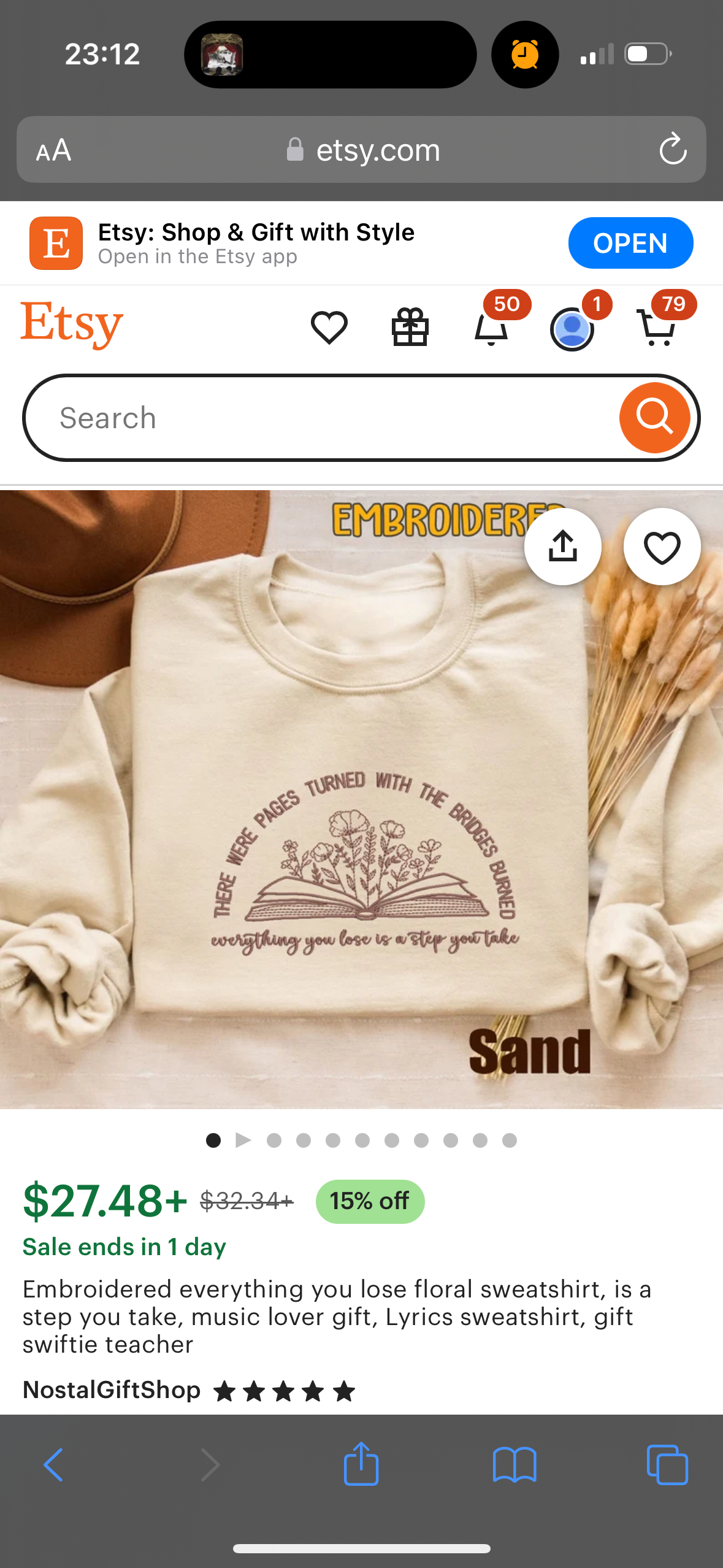 the image shows an embroidered sweatshirt with a quote about "pages turned with the bridges burned" and a book with flowers. the sweatshirt is available on etsy and costs $27.48 with a 15% discount. it is described as a gift for music lovers, swiftie teachers, and anyone who likes the quote. the image also shows a few other etsy listings.