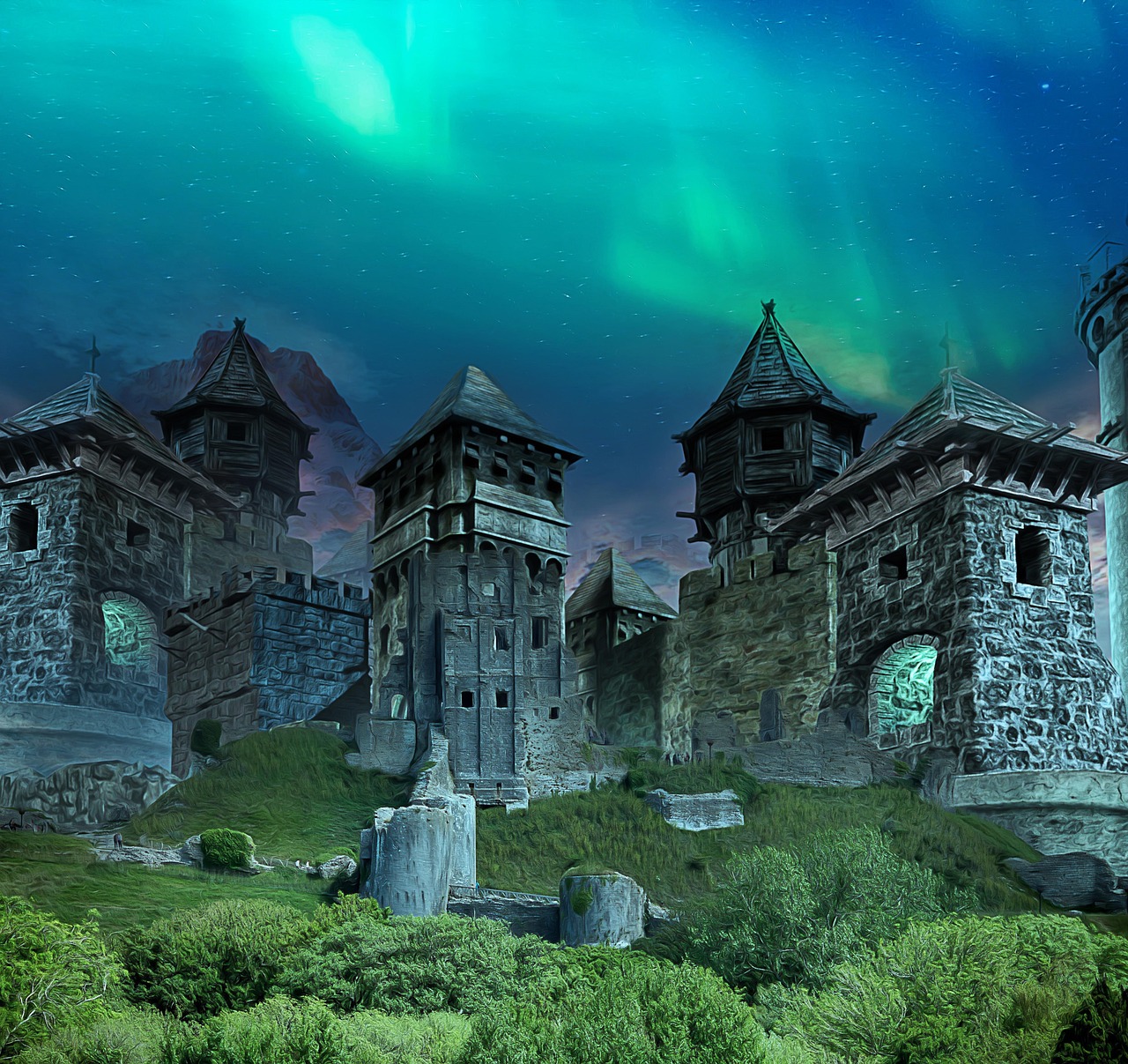 a surreal image depicting a medieval castle ruin under an aurora borealis filled night sky. the castle features multiple stone towers with wooden roofs, set against a backdrop of mountains. the foreground is filled with green grass and bushes.