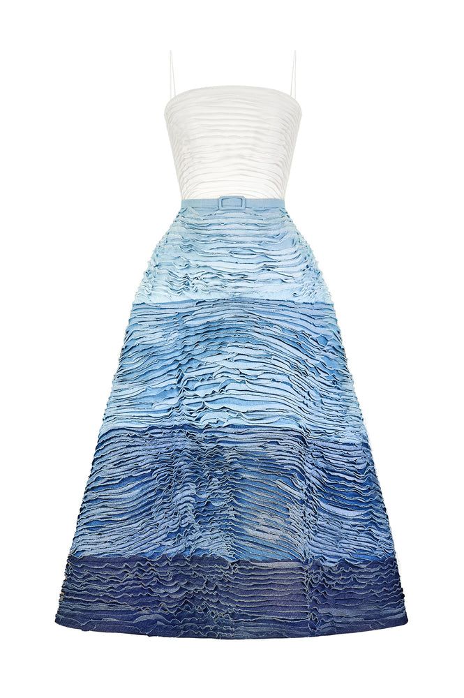 a strapless dress with a white top and a gradient blue ruffled skirt.