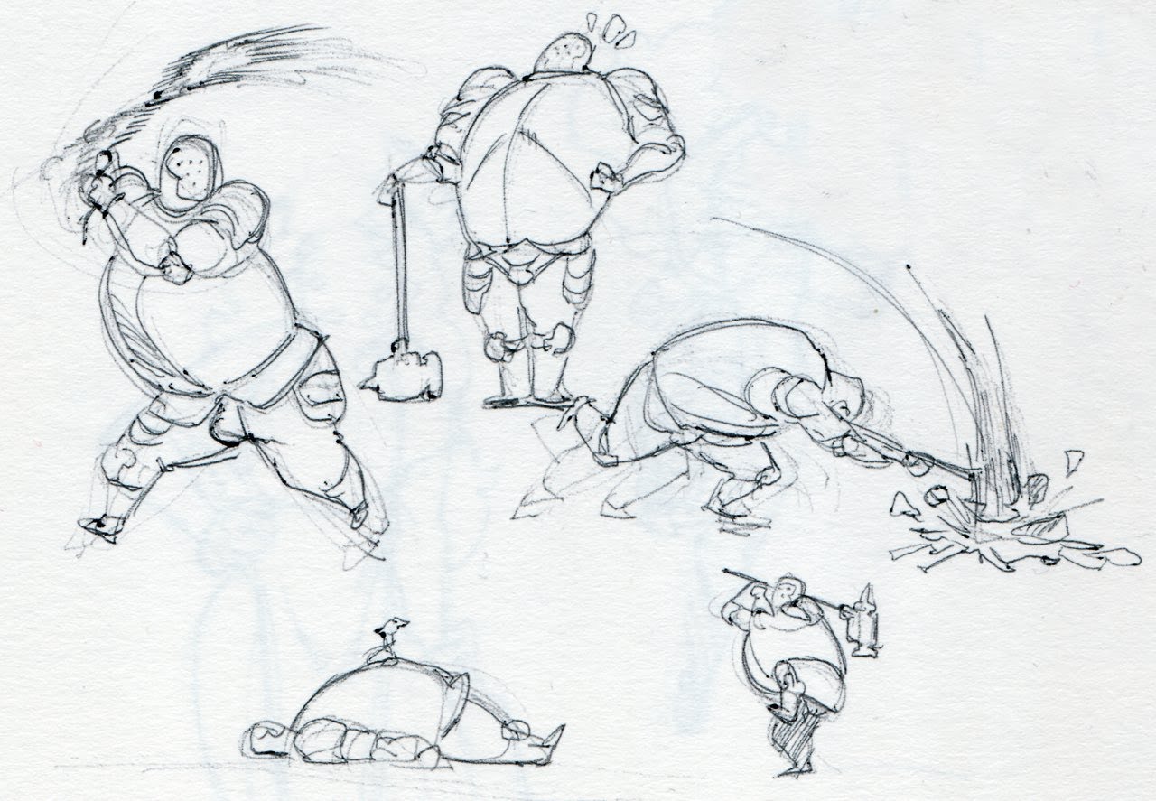 a sketch of five knights in various poses. the knights are wearing armor and holding swords or other weapons. the sketch is done in pen on paper and appears to be a concept art piece.