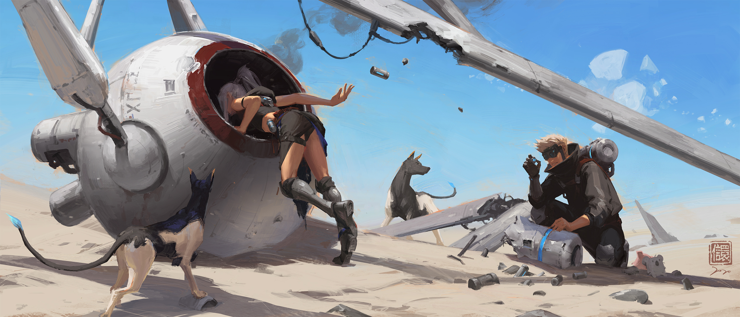 the image is a digital painting depicting a scene in a desert wasteland. a large, damaged spaceship lies partially buried in the sand. two people are interacting with the wreck: a woman is partially inside a broken part of the ship, seemingly struggling to get out, while a man is kneeling nearby, examining some pieces of the debris.  two doglike creatures with futuristic elements are present, one seemingly assisting the woman near the ship. the style is painterly and evocative, with a focus on atmosphere and storytelling. the colors are warm and slightly desaturated, reflecting the harsh desert environment. the overall mood is one of adventure, mystery, and possibly survival.