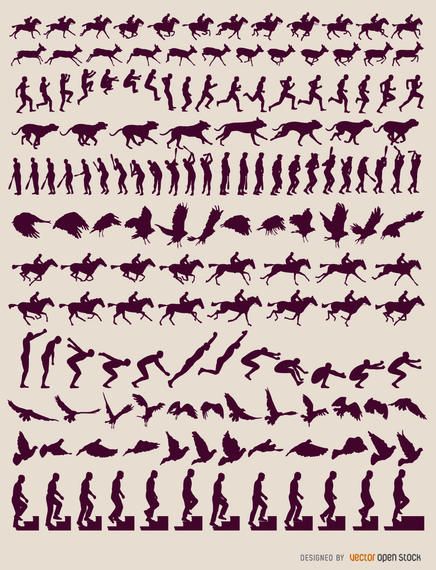 this image is a black and white silhouette illustration that shows a series of frames of animated movements of a horse rider, a running person, a jumping person and a bird flying. these animations are rendered in a framebyframe fashion.