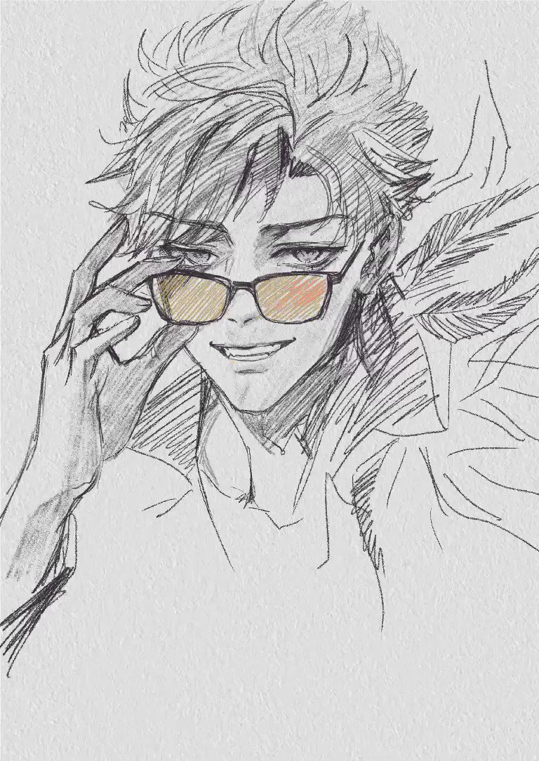 a pencil sketch of an anime boy with glasses. the boy is looking towards the right side of the image, holding his glasses in one hand. he's wearing a jacket, and the sketch is done on a white background.