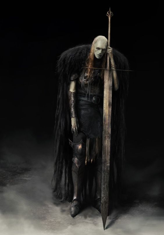 a somber figure stands in the dimly lit mist, their pallid skin and gaunt features suggestive of an undead warrior. they are clad in dark, weathered armor, a thick fur cloak draped over their shoulders. a massive, tarnished sword, almost as tall as the figure themselves, rests heavily against the ground, its tip disappearing into the fog.  the warrior's posture conveys a sense of weariness and brooding.
