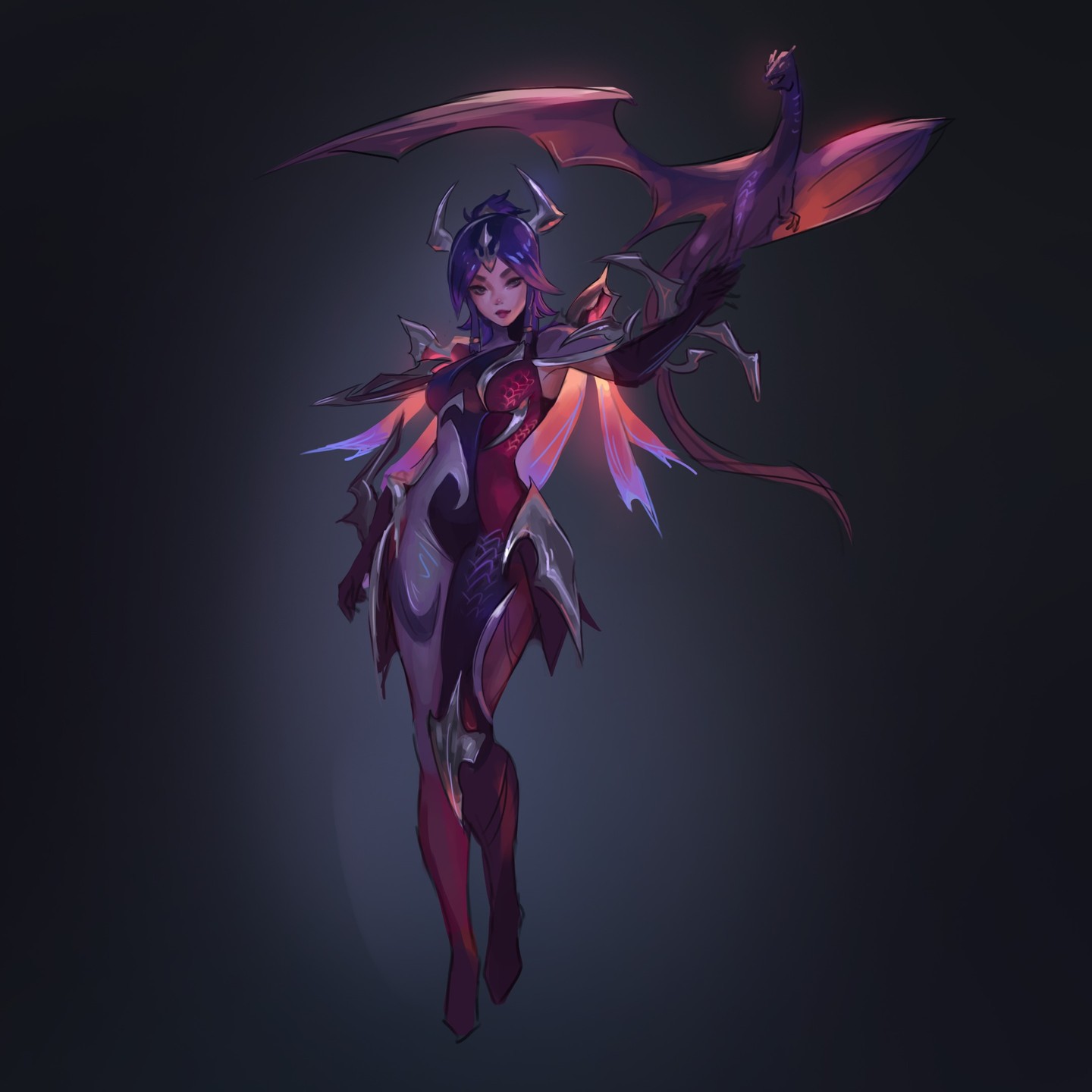 he image is a digital painting of a fantasy female warrior. she has purple hair, and is wearing a red and purple armor with dragonlike wings. she is holding a small dragon in her hand. the overall style is elegant and powerful, suggesting a character from a video game or fantasy novel. the background is dark, making the character stand out.  the lighting is focused on the character, enhancing her features and details.