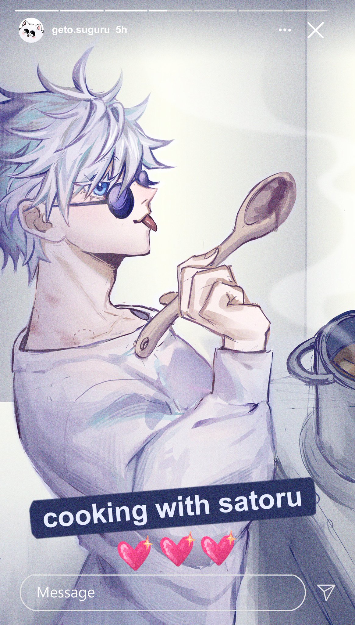 this is a digital illustration of a male anime character with white hair and blue eyes. he is wearing a white shirt and holding a wooden spoon. he is smiling and looking at the viewer. there is a pot of food on the stove in the background. the text "cooking with satoru" is written at the bottom of the image. there are three hearts next to it. the characters name, geto.suguru, is also displayed at the top of the image.