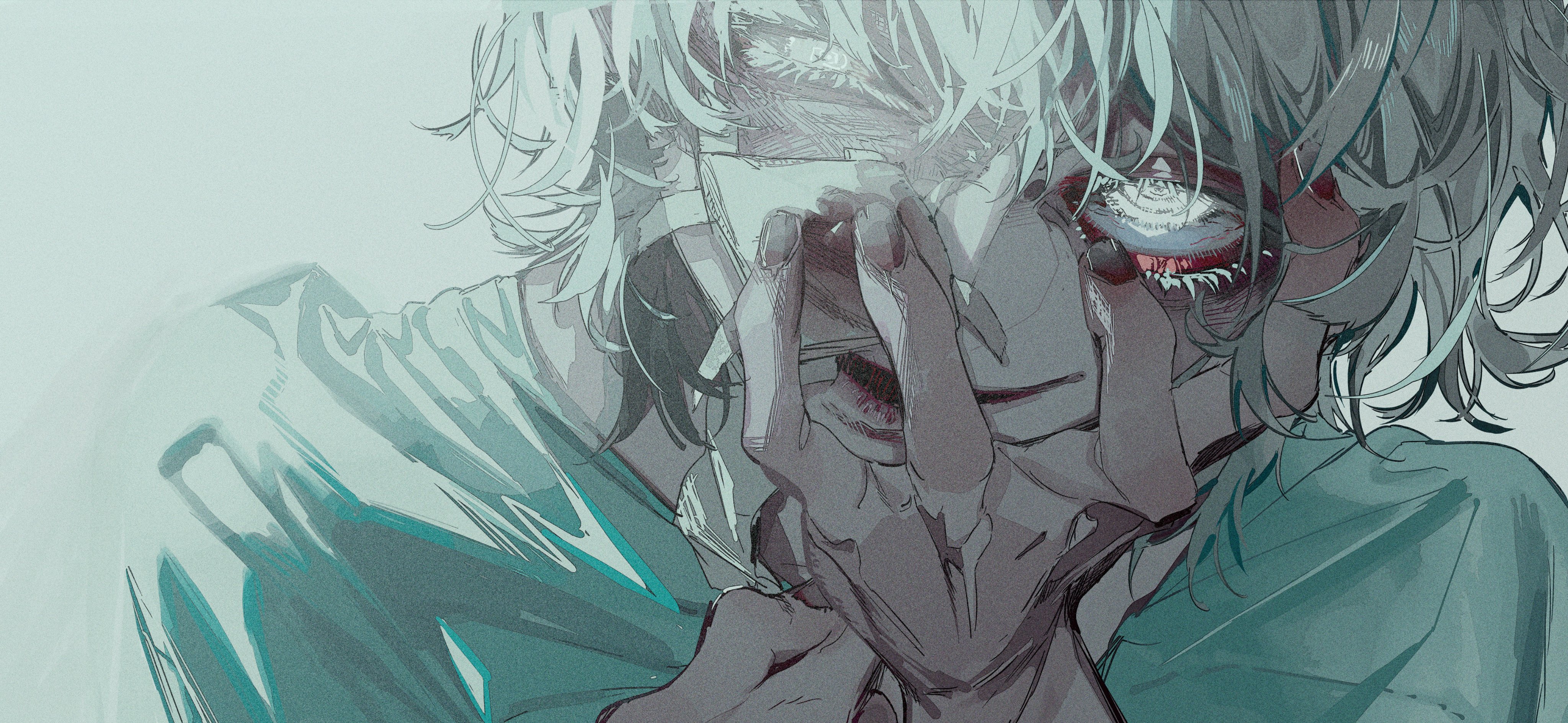 a closeup illustration of a young male character with white hair, a blue and red eye, and a hand covering his mouth in a creepy, mysterious expression. the background is a gradient of light blue to white.