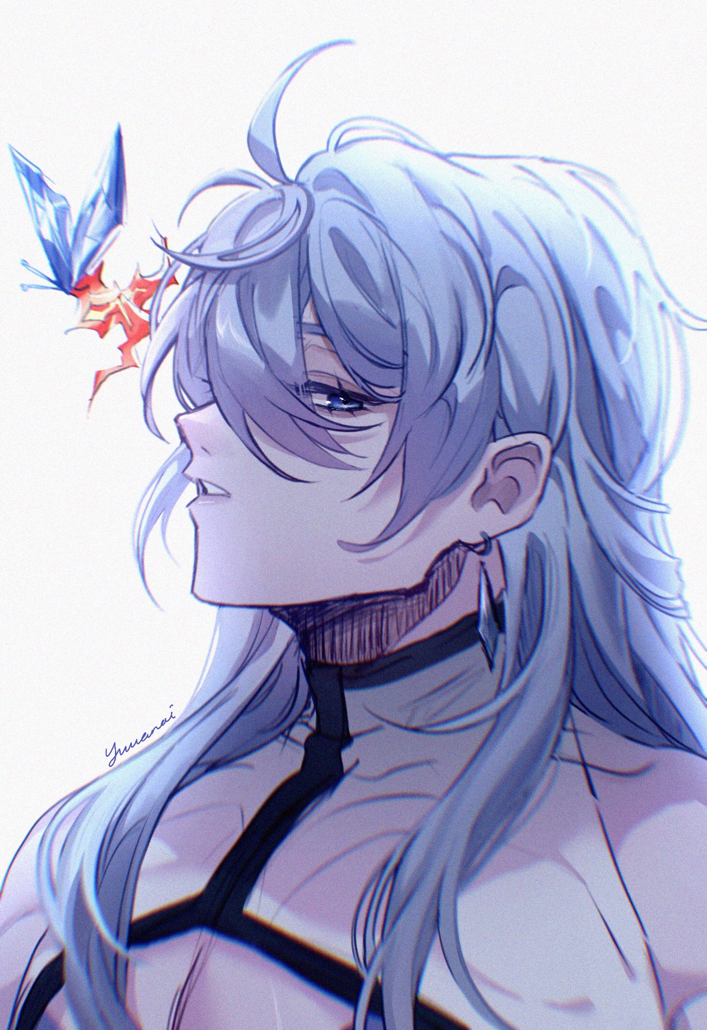 a closeup portrait of a character with long white hair and blue eyes. the character is wearing a black choker and a white shirt with a black design. they have a butterfly on their hair. the art style is anime/manga and the image is drawn in a digital style.