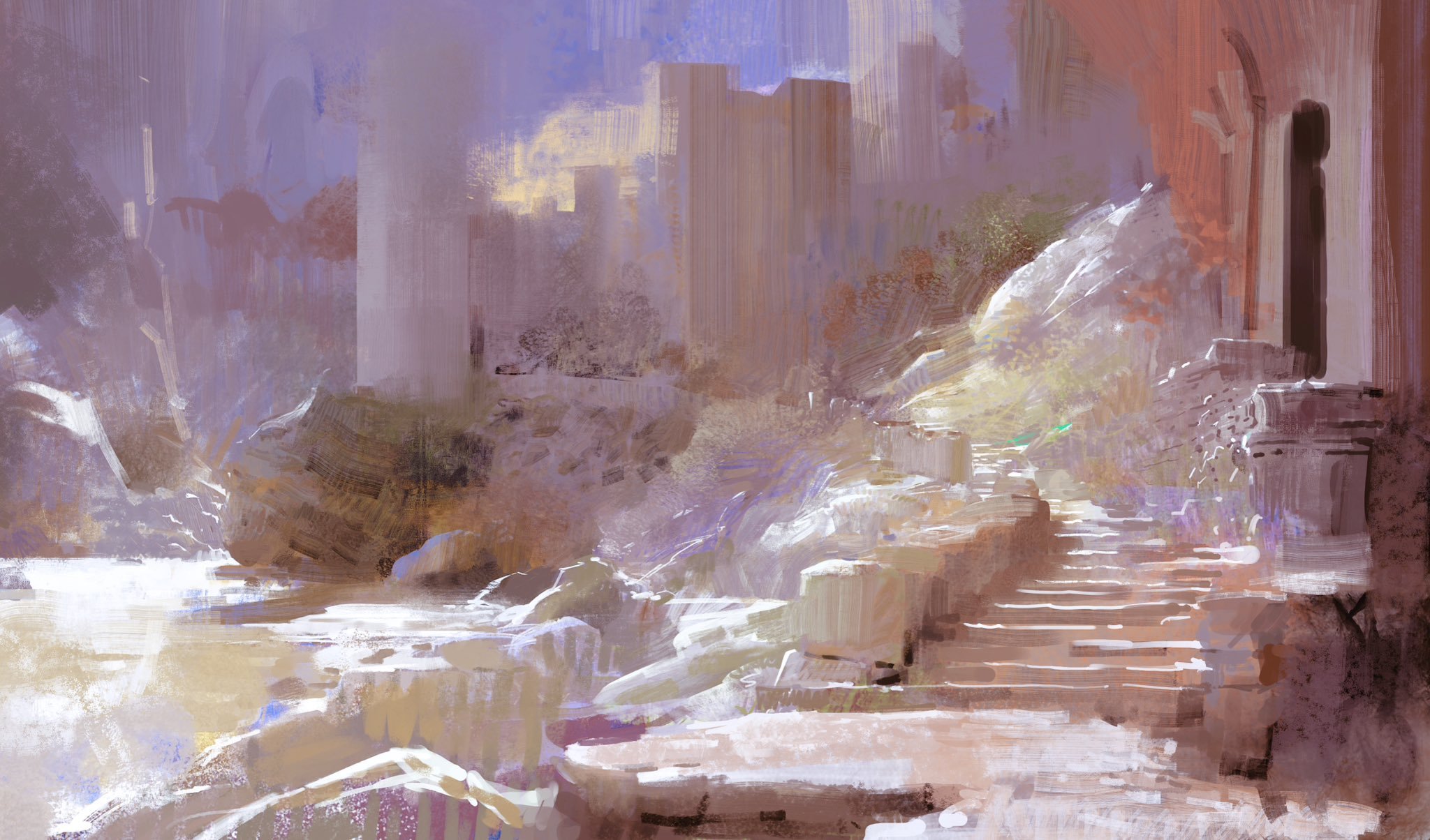 a painting of a stone pathway leading into a ruined city. the path is made of large stone steps that lead into the city. the city is mostly destroyed, and the buildings are overgrown with plants. the painting is done in a painterly style, with brushstrokes visible throughout. the colors are muted and soft, creating a feeling of melancholy and decay. the painting is also abstract, with many of the details left to the viewer's imagination. the image evokes a sense of mystery and wonder, and it invites the viewer to imagine the city's past and the stories it holds.