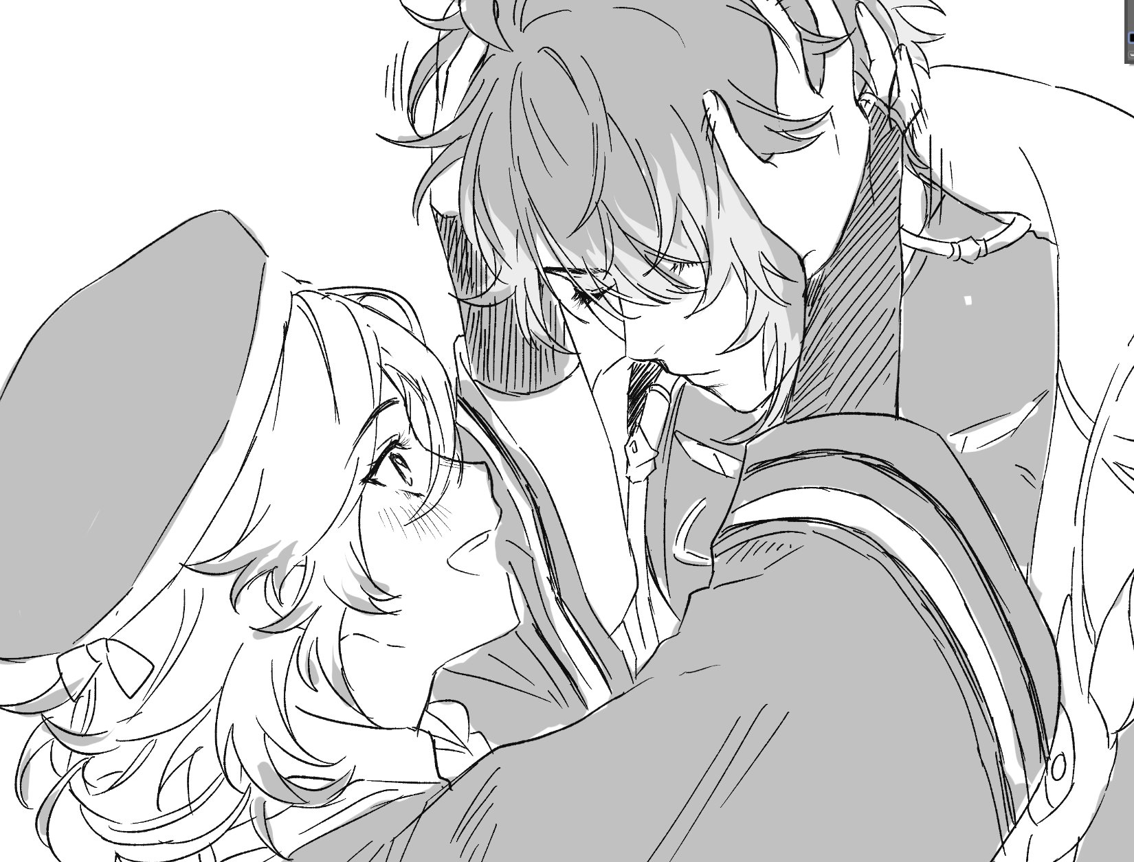 a black and white anime sketch of a male and female character. the male character is holding the female character in a hug, their faces close together. the woman looks up at the man with a smile, and he has his eyes closed. the scene is intimate and romantic, suggesting a loving relationship between the two. the sketch is done in a simple, clean style, with bold lines and subtle shading.