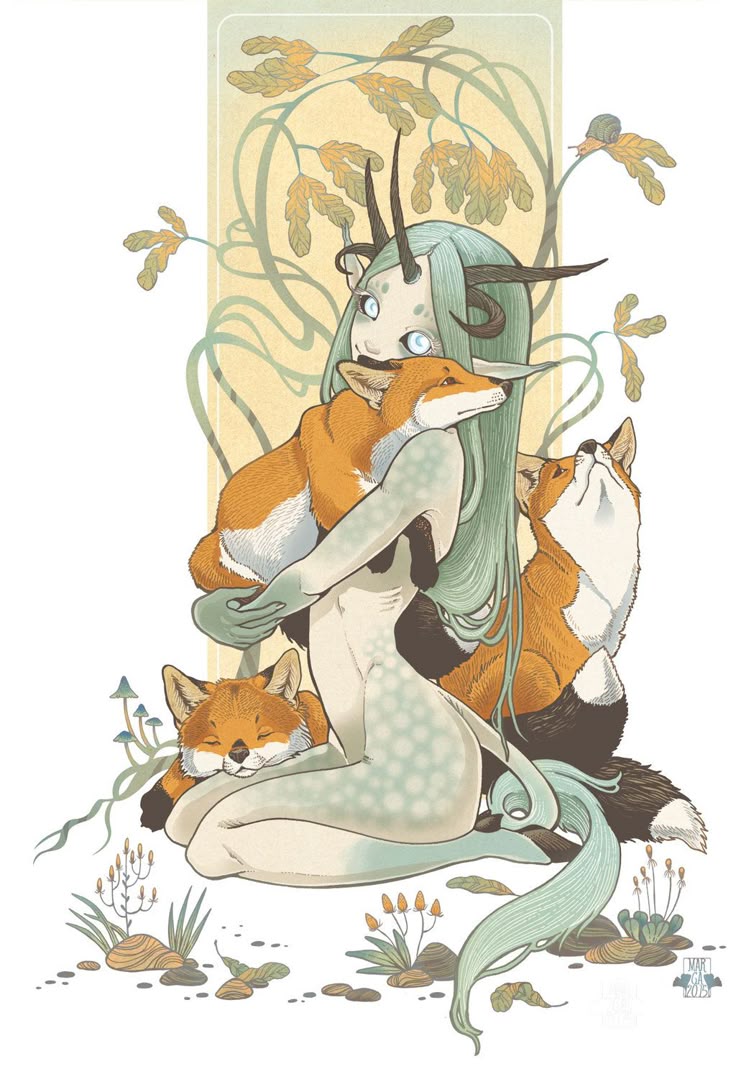 a fantasy illustration in an art nouveau style depicts a nymphlike creature with light green hair, pale skin, and horns. she is surrounded by three foxes. one is nestled in her arms, another is resting its head on her leg, and the third is looking upwards. the background features stylized leaves and vines, with a snail perched on one of the leaves. the scene is set in a forestlike environment with small plants and rocks on the ground.