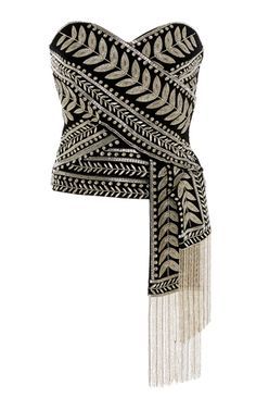 a black strapless top with gold embroidery and fringe detailing. the top is made of a soft, lightweight fabric and has a fitted silhouette. the embroidery is intricate and features leaves and other floral motifs. the fringe is on the bottom of the top and hangs down to about the knee. the top would be perfect for a summer night out.